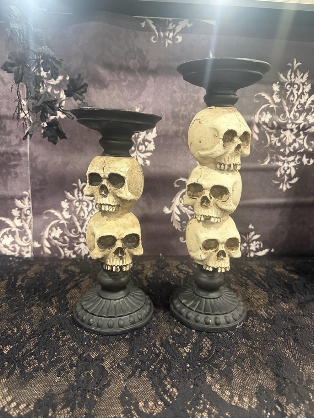 Set of 2 Gothic Stacked Skull Candle Holders